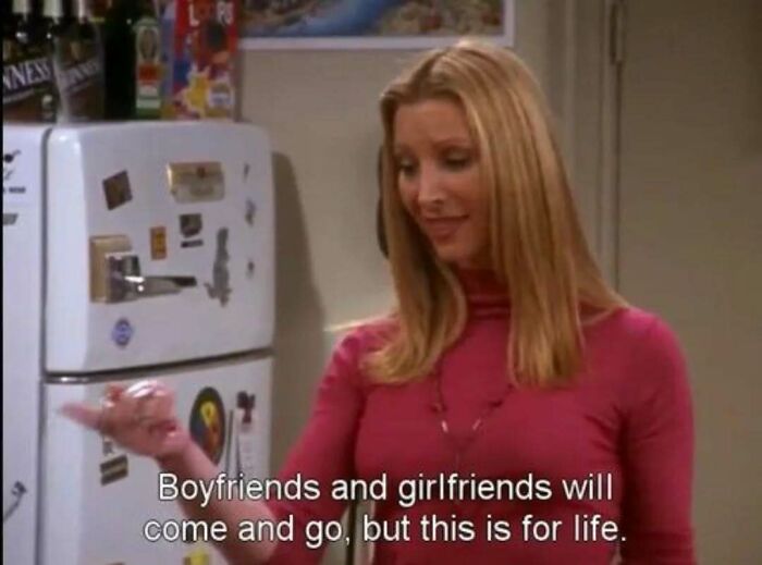 Phoebe from Friends in kitchen setting with caption about relationships, illustrating timeless classic moments from Friends memes and posts.