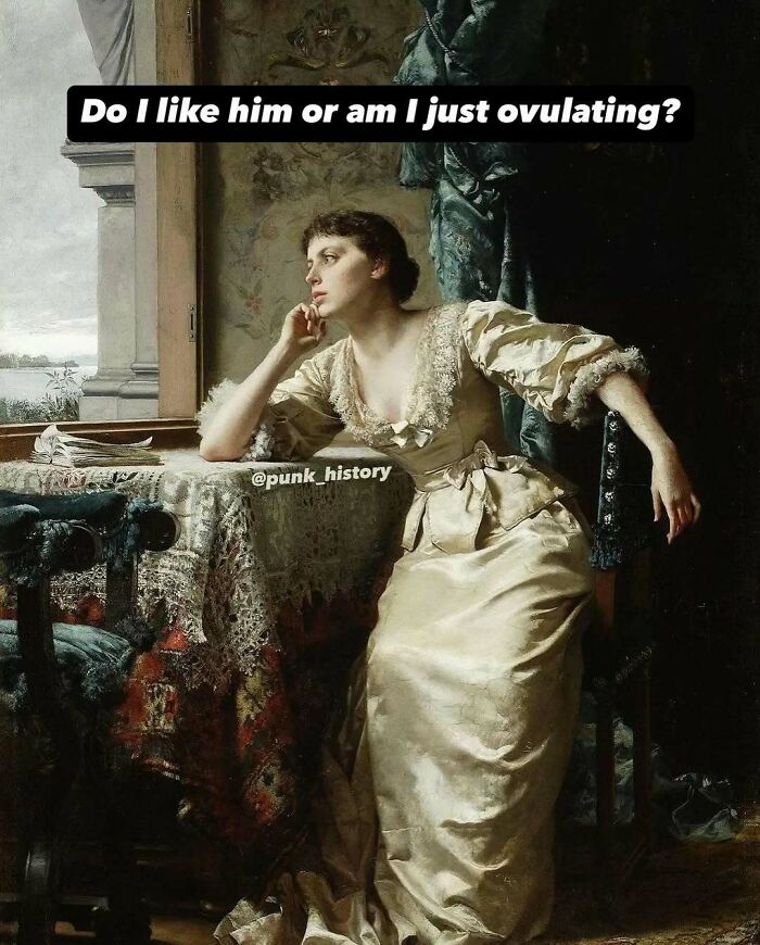 Woman in classical art style meme sitting by window with humorous text about ovulating, showcasing hilarious classical art memes.