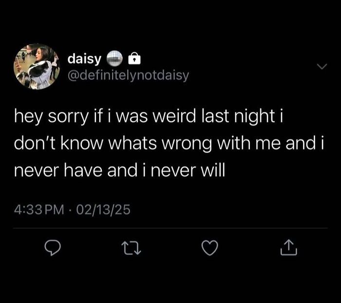 Tweet text about feeling weird and uncertain, humorous therapy meme relevant to relatable therapy memes content.