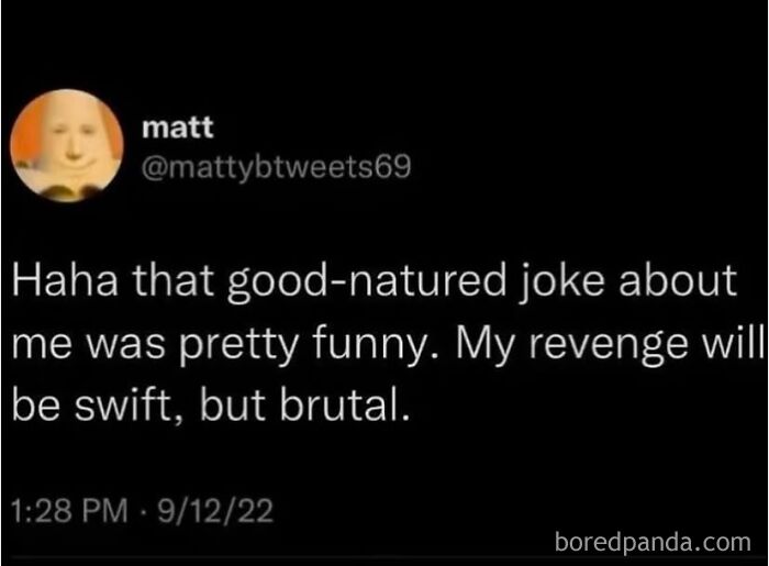 Therapy meme with a humorous tweet about revenge, featuring funny and relatable therapy humor on a black background.