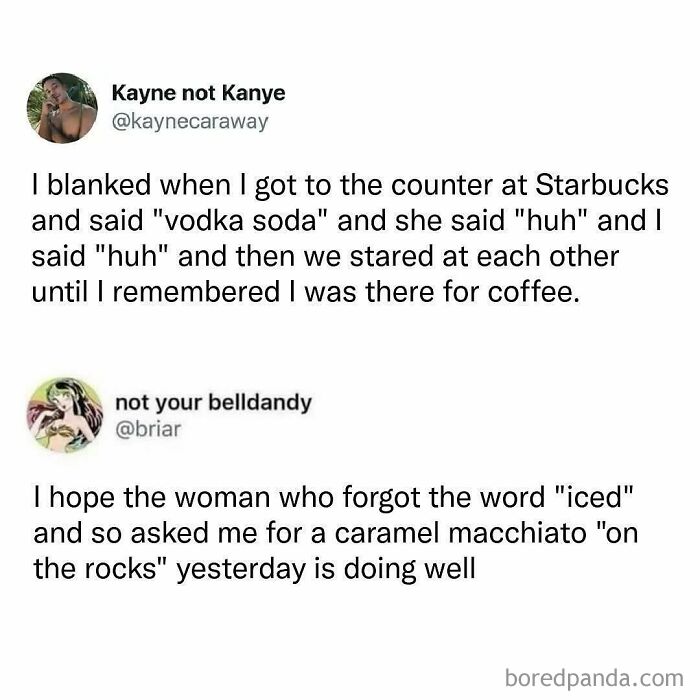 Funny and relatable therapy memes featuring humorous conversations and awkward moments at Starbucks with coffee orders.