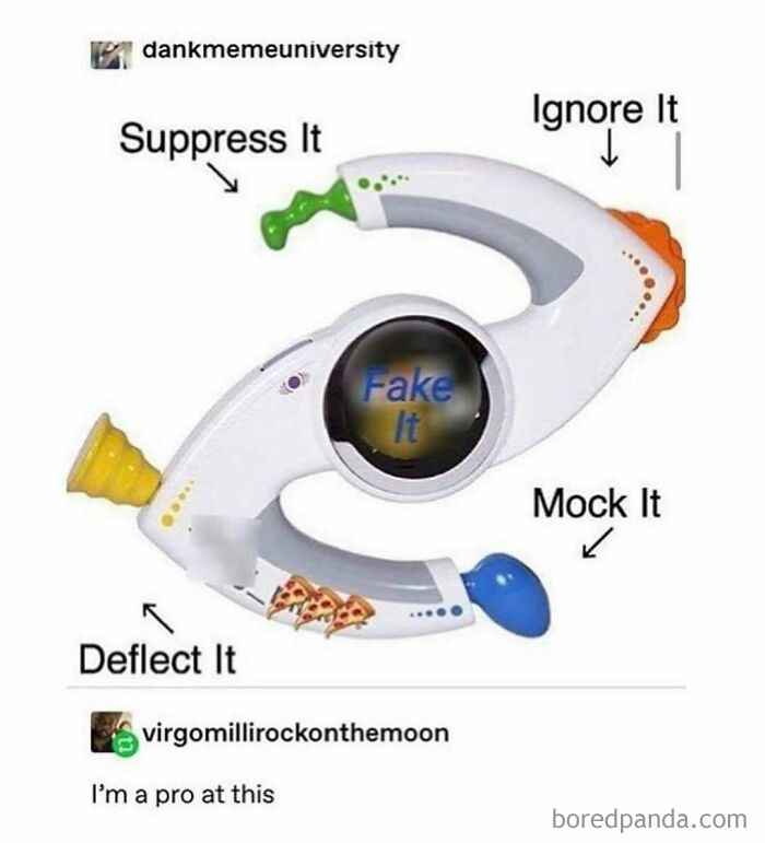 Therapy meme showing a humorous coping device with options to suppress, ignore, mock, or deflect emotions.