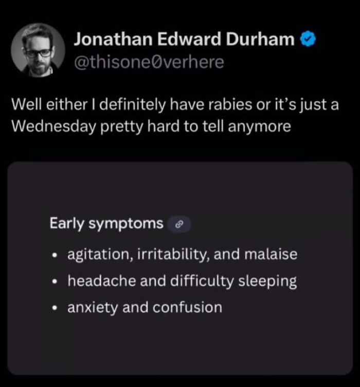 Funny and relatable therapy meme showing symptoms like agitation, irritability, headache, anxiety, and confusion on a dark background.