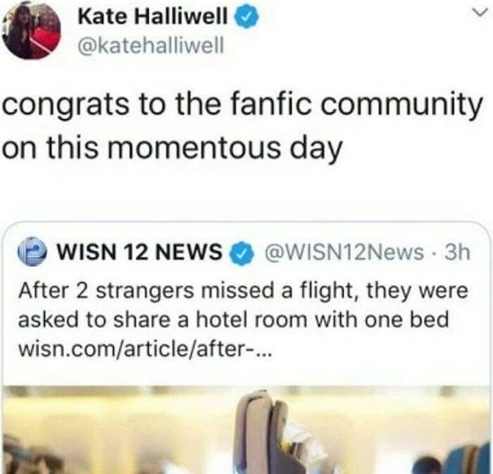 Screenshot of a humorous tweet about strangers sharing a hotel room, related to funny and relatable therapy memes.