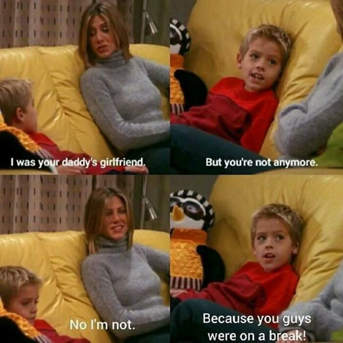 Scene from Friends meme showing Jennifer Aniston talking to a boy on a yellow couch, highlighting timeless classic humor.