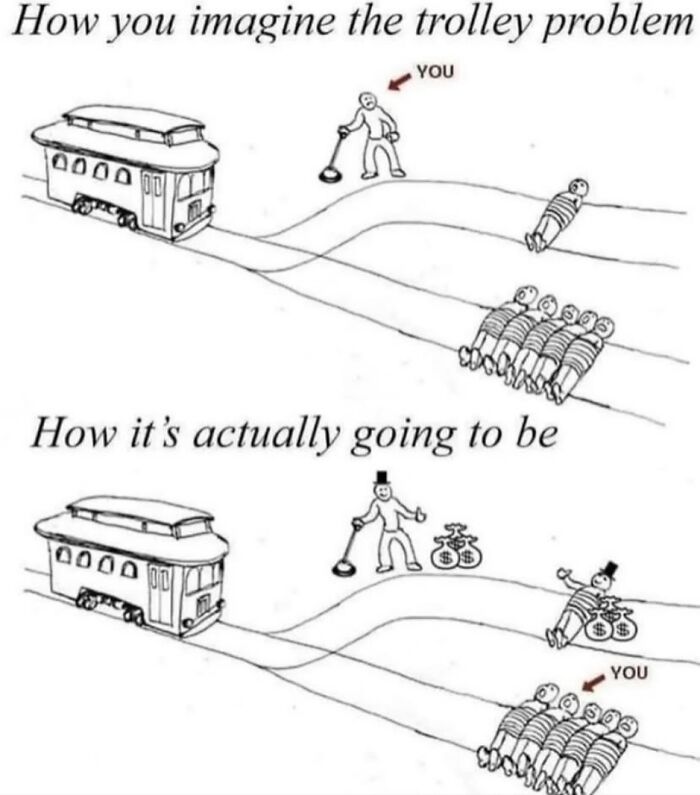 Illustration of the trolley problem showing how therapy memes humorously depict difficult decision-making scenarios.