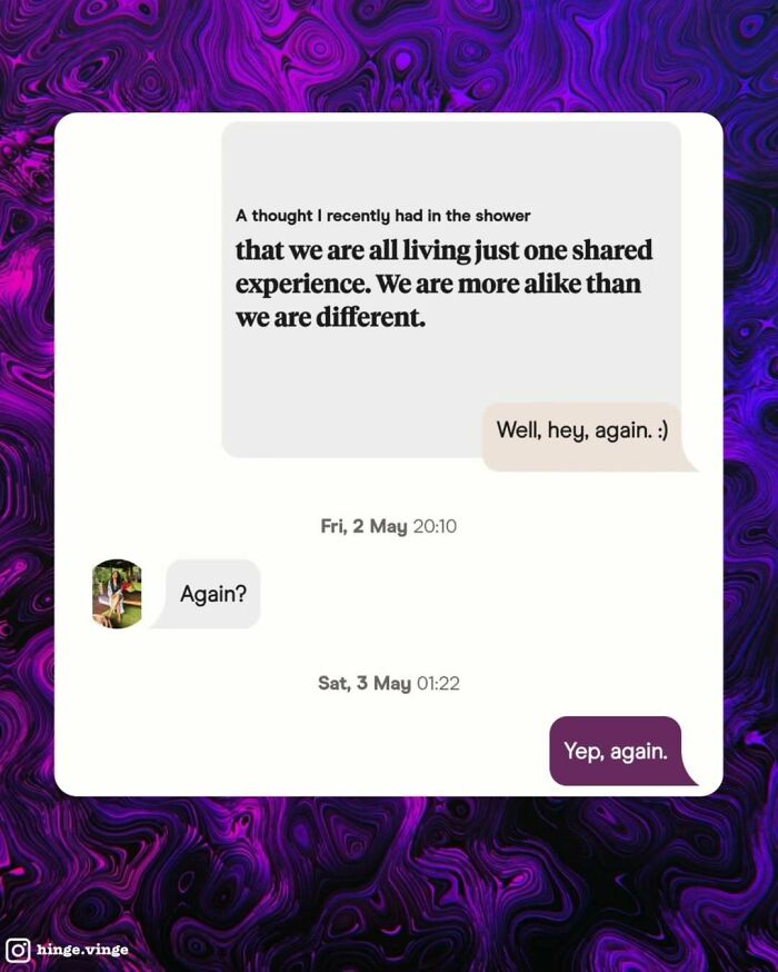 Funny dating app screenshots showing a humorous text conversation about shared experiences and repeated greetings.