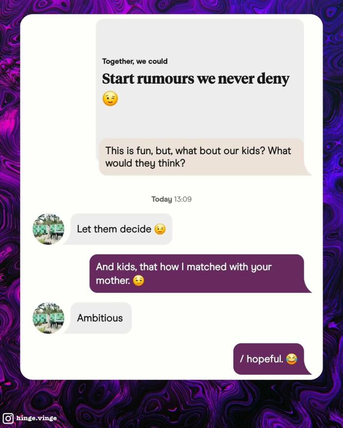 Funny dating app screenshot showing a playful conversation about starting rumors and matching with someone's mother.