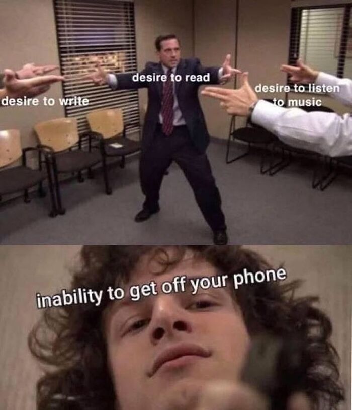 Three people pointing fingers as guns labeled desires to write, read, listen to music, and a close-up of a person labeled inability to get off phone in therapy meme.