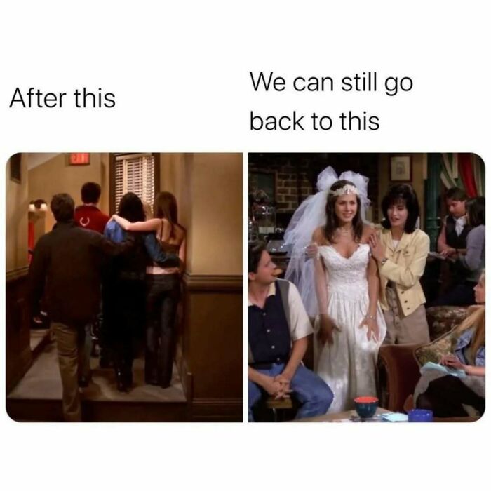 Scene from Friends showing characters walking away on left and a wedding scene on right, highlighting timeless classic moments.