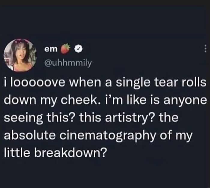 Tweet about a relatable moment during a breakdown, shared in funny and relatable therapy memes.