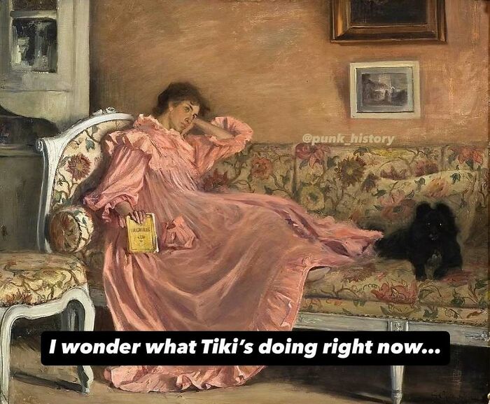 Woman in a pink dress reclining on a floral sofa holding a book, classical art meme reflecting modern-day feelings.