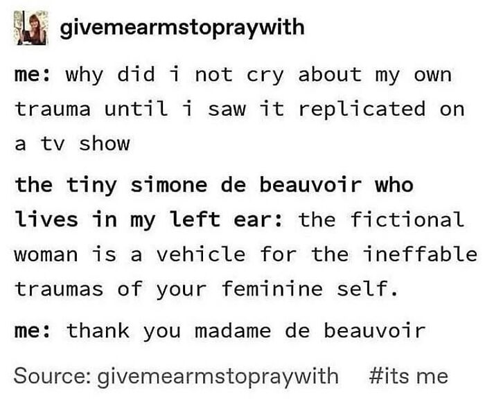 Therapy meme showing a humorous conversation about recognizing trauma through fictional TV characters and self-reflection.