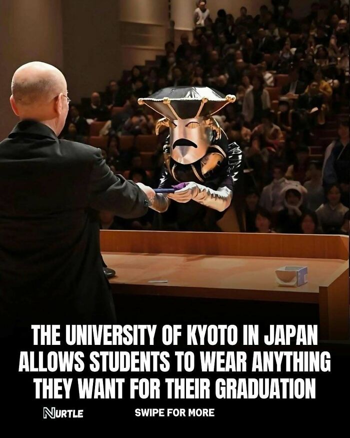 Student wearing a creative costume during University of Kyoto graduation, showcasing fun random facts about unusual traditions.