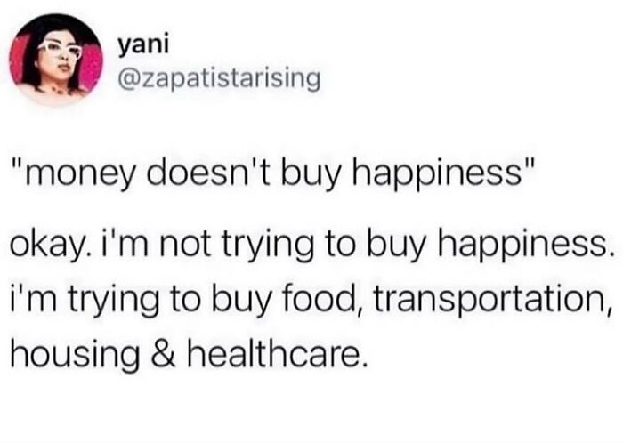 Therapy meme highlighting the reality of buying basic needs like food, transportation, housing, and healthcare for mental well-being.
