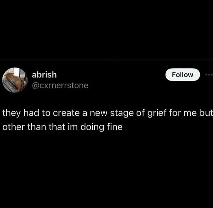 Twitter post saying they had to create a new stage of grief for me but other than that I'm doing fine, a therapy meme.