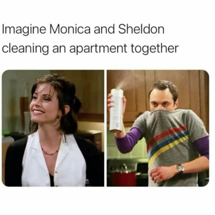Scene showing Monica from Friends smiling and Sheldon from Big Bang Theory spraying air freshener, meme about cleaning apartments.