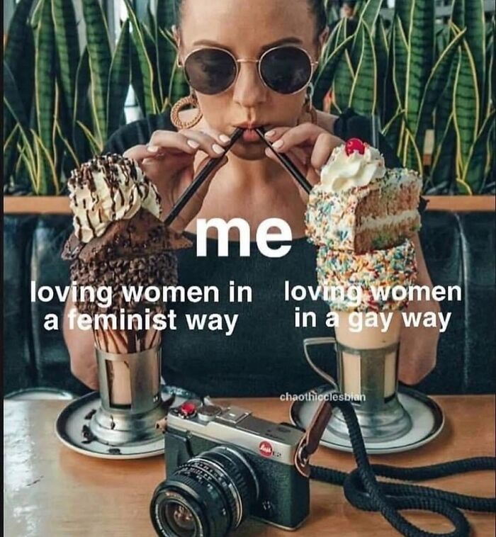 Woman wearing sunglasses drinking from two dessert milkshakes representing funny and relatable therapy memes.