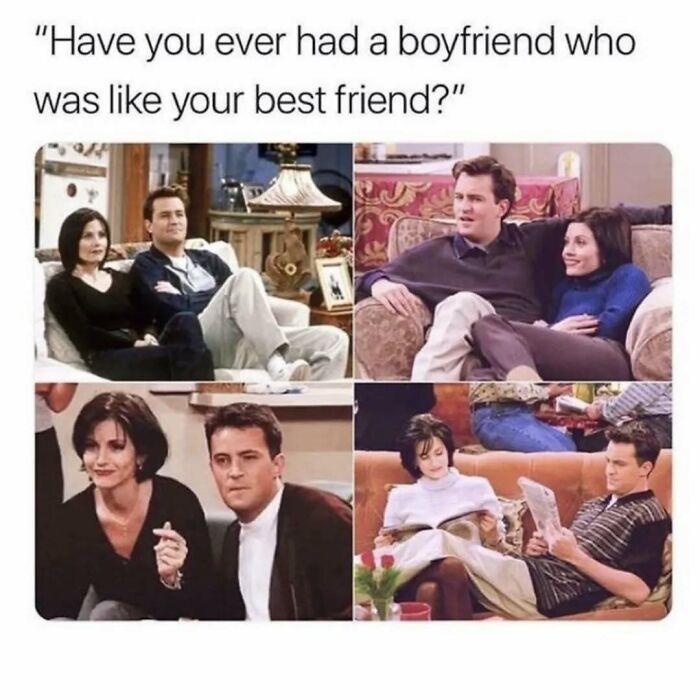 Friends TV show scenes with couples showing close friendship and connection, highlighting timeless Friends memes and posts.