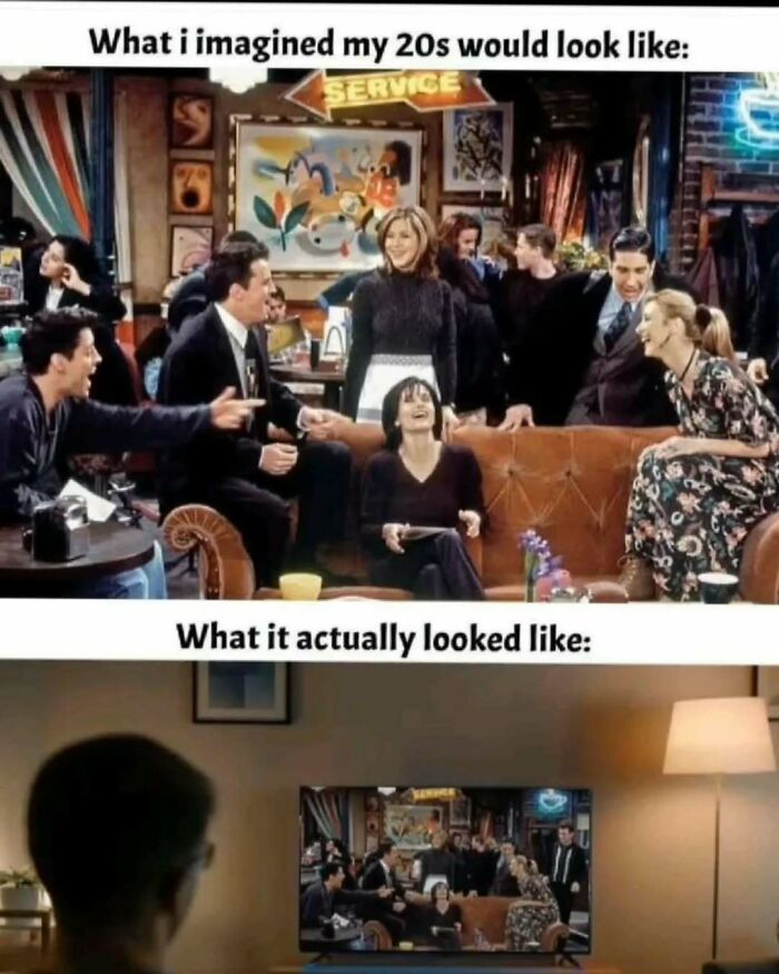 Scene from Friends showing friends laughing in Central Perk and a person watching the sitcom on TV with memes and posts.