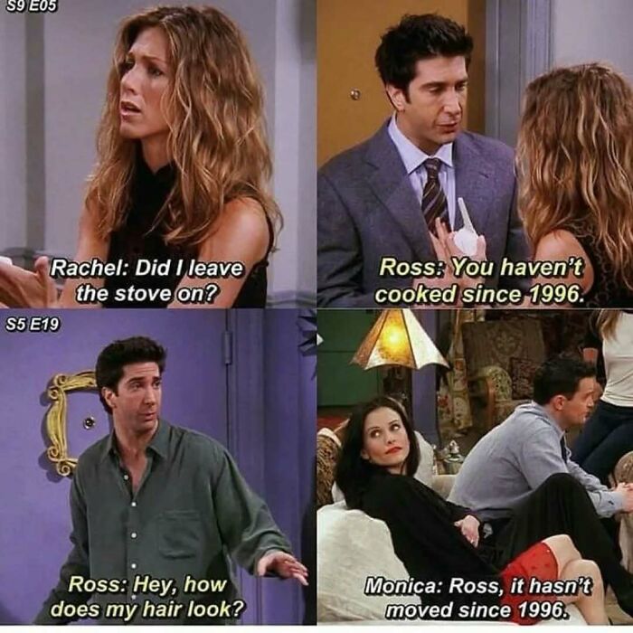 Friends TV show memes featuring Rachel, Ross, and Monica with humorous quotes about cooking and hair from different episodes.