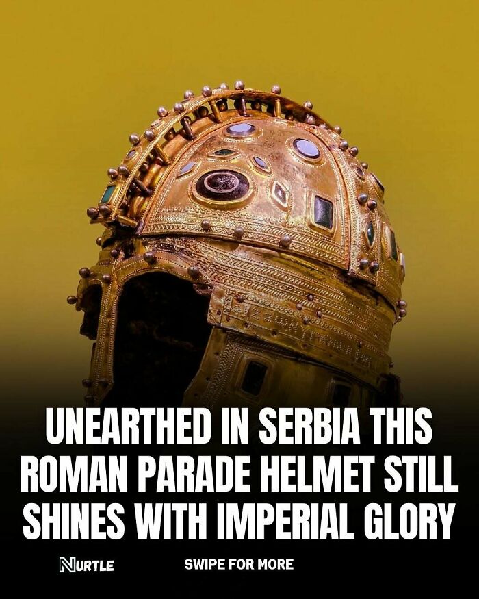 Ancient Roman parade helmet unearthed in Serbia, shining with imperial glory, featured in random facts fun to know collection.