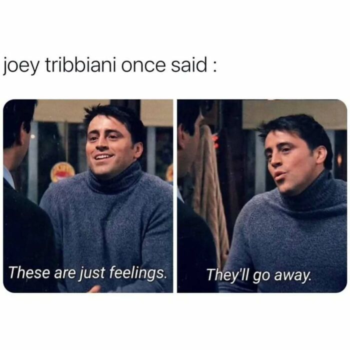 Scene from Friends featuring Joey Tribbiani in a gray turtleneck saying These are just feelings, they'll go away meme.
