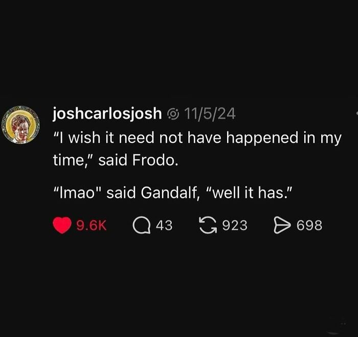 Social media post featuring a funny and relatable therapy meme with dialogue between Frodo and Gandalf.