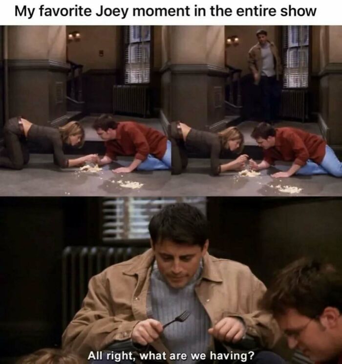 Friends meme showing Joey asking what food is on the floor with other characters in a classic sitcom scene.