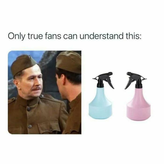 Scene from Friends with soldiers and two spray bottles, a meme showing why Friends is a timeless classic for true fans.