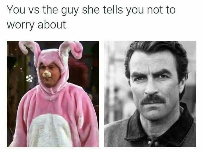 Comparison meme with a character in a pink bunny costume and a serious man, illustrating Friends timeless classic humor.