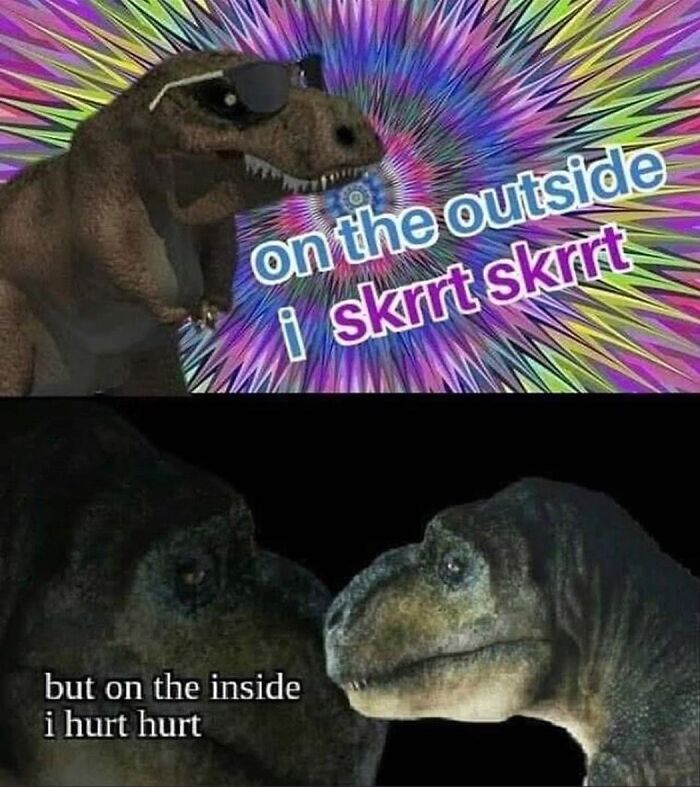 Cartoon T-Rex meme with sunglasses showing funny and relatable therapy meme about hiding inner feelings behind a cool exterior.