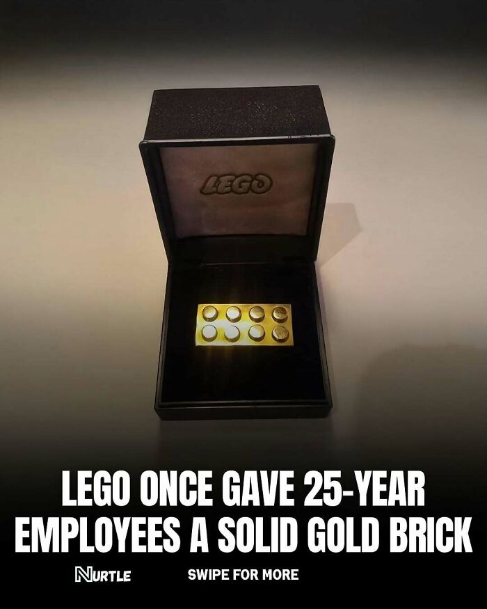 Solid gold LEGO brick in a gift box, showcasing a unique random fact about collectible items and fun to know facts.