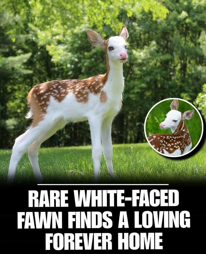 Cute white-faced fawn standing on grass in a green forest, a rare animal that melts stress and anxiety.