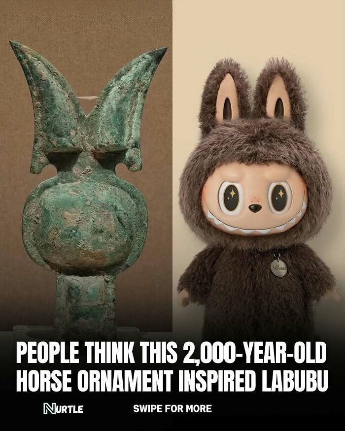 Ancient 2,000-year-old horse ornament compared to modern Labubu figure in fun random facts about history and culture.