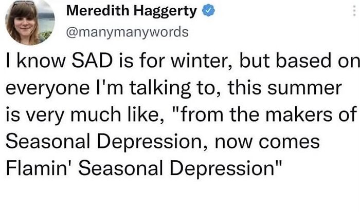 Tweet about seasonal depression in summer, capturing a funny and relatable therapy meme on mental health struggles.