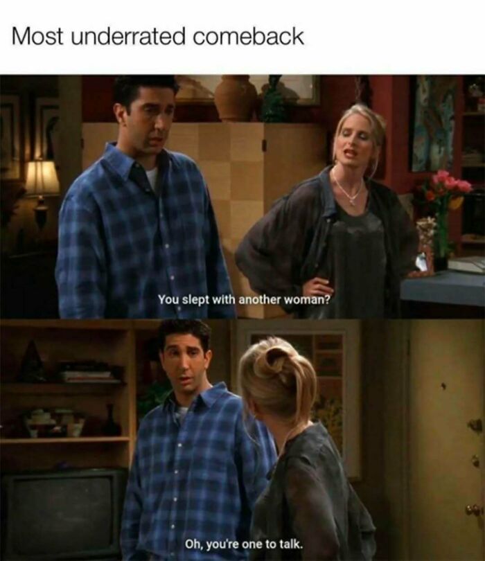Scene from Friends with characters Ross and Carol having a humorous conversation, highlighting timeless classic moments.