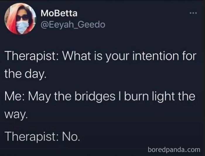 Therapy meme showing a humorous conversation between therapist and patient about intentions and burning bridges.