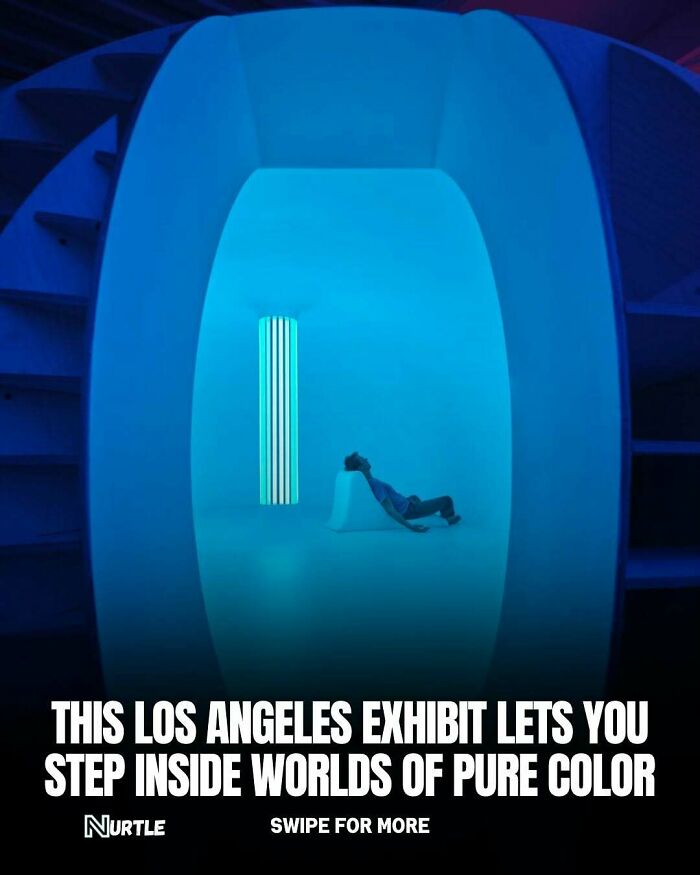 Person relaxing inside a blue-lit art installation showcasing immersive random facts and colorful experiential spaces.