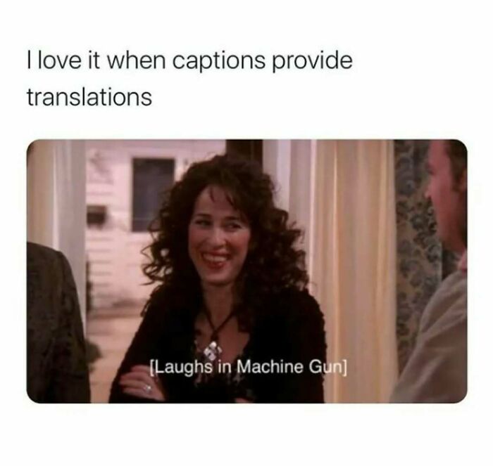 Scene from Friends featuring a woman laughing with caption providing humorous translation of laughter.