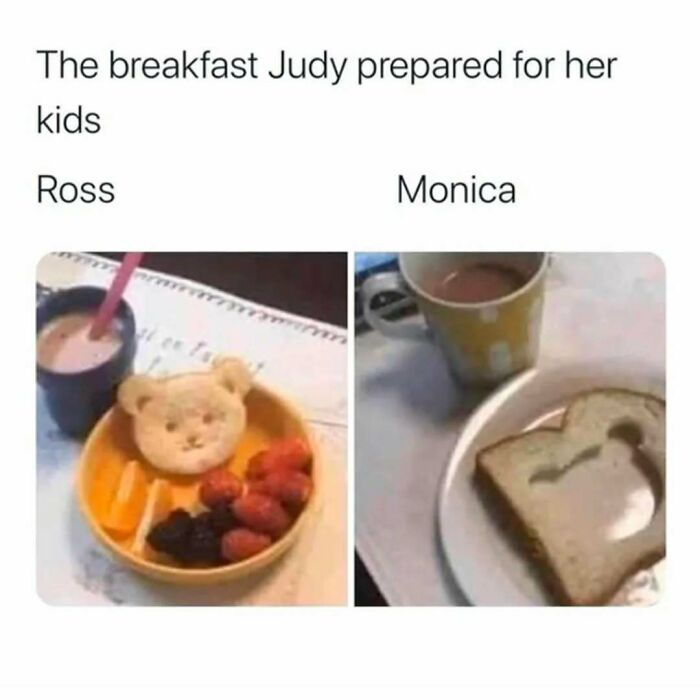 Breakfast prepared for Ross and Monica showing two different styles, reflecting Friends memes and timeless classic moments.