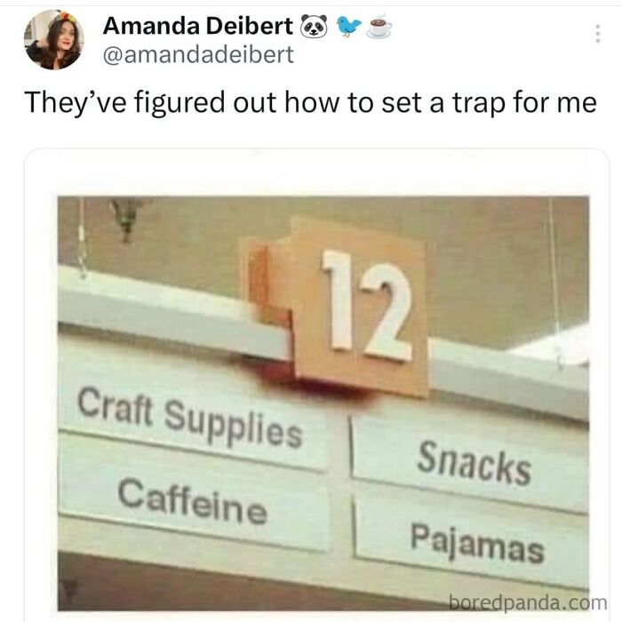 Funny and relatable therapy meme showing aisle signs for craft supplies, snacks, caffeine, and pajamas labeled as a trap.