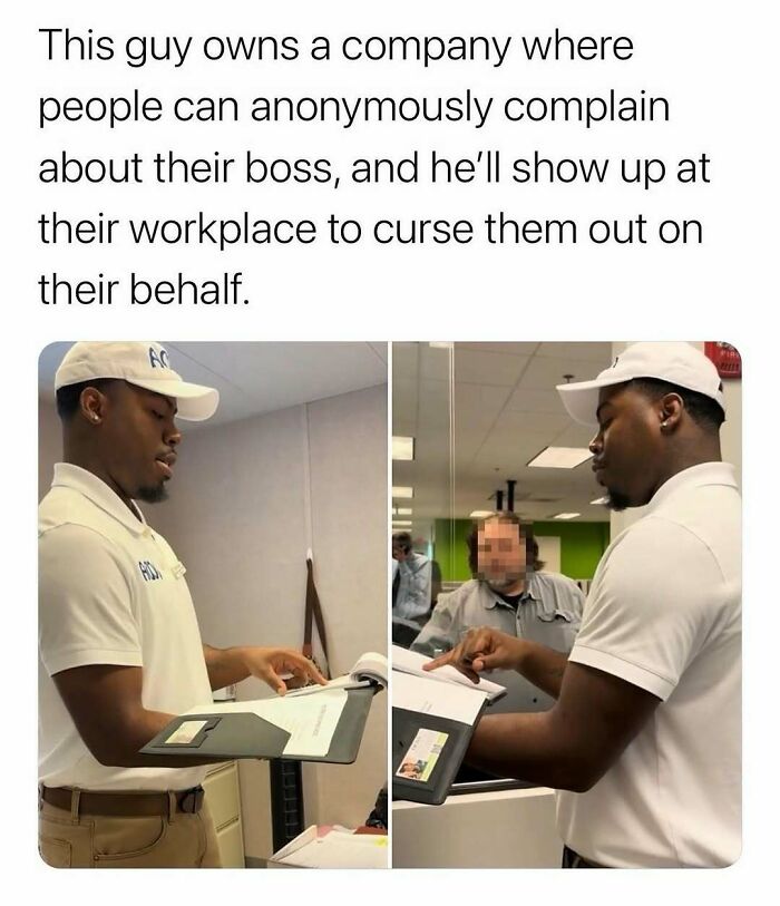 Man in white cap and shirt holding clipboard confronting a blurred man at workplace in viral works meme.