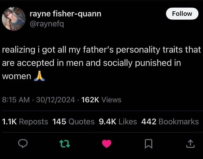 Tweet about recognizing personality traits linked to gender expectations, featured in funny and relatable therapy memes.