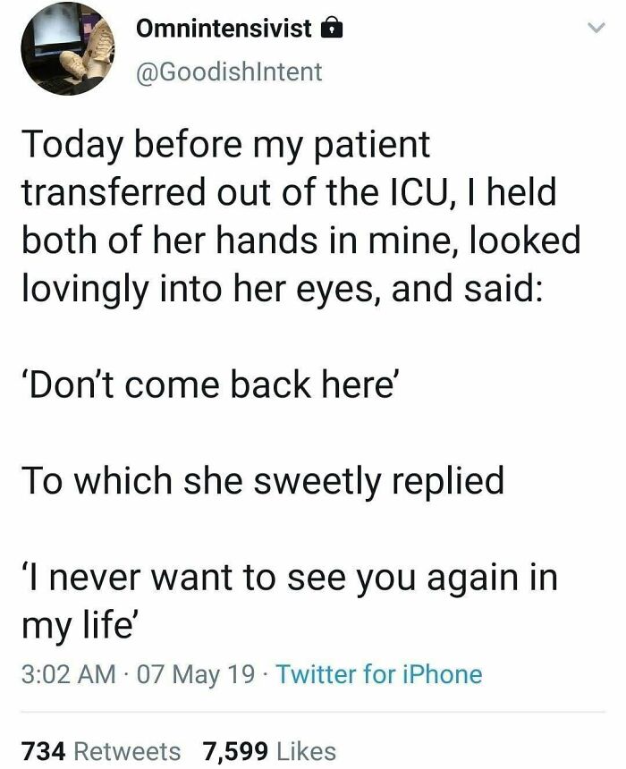 Tweet about a patient transferring out of ICU with a humorous exchange, related to healthcare memes.
