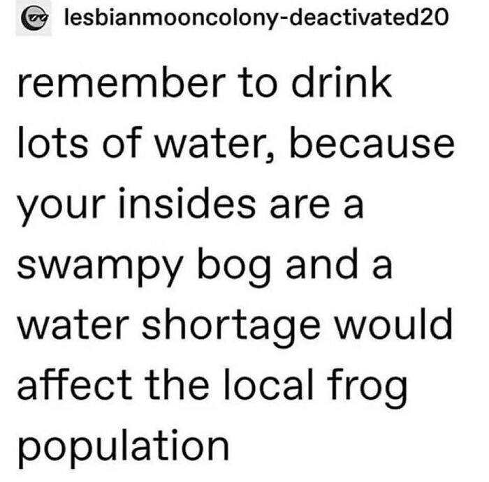 Funny therapy meme reminding to drink water to protect your insides and the local frog population humorously.