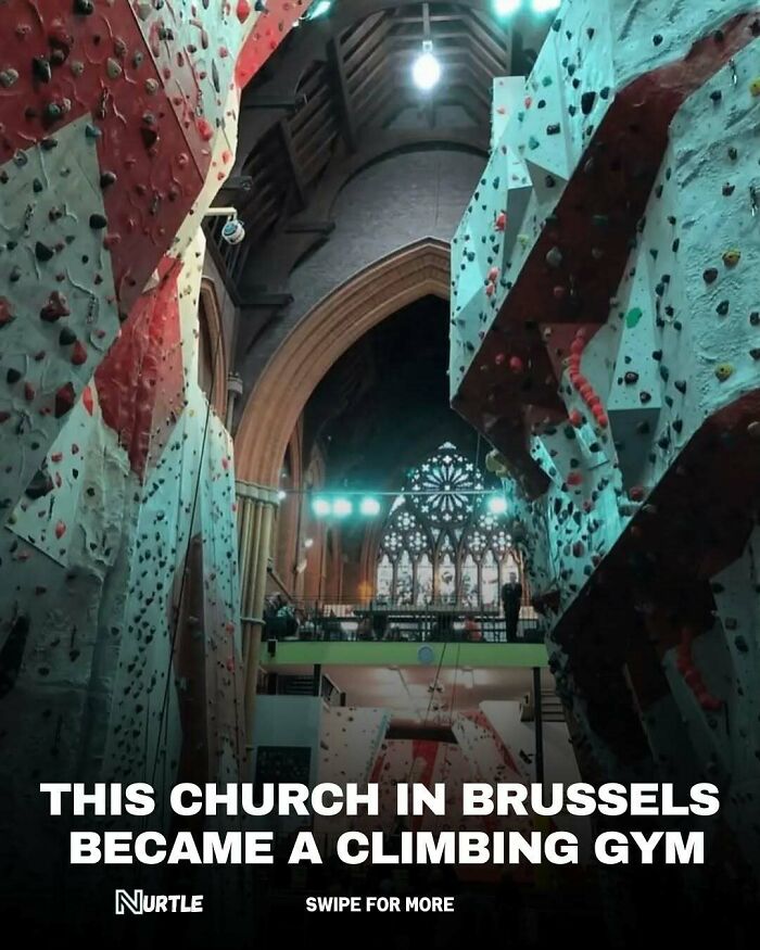 Interior of a church in Brussels transformed into a climbing gym, showcasing unique random facts for fun to know.
