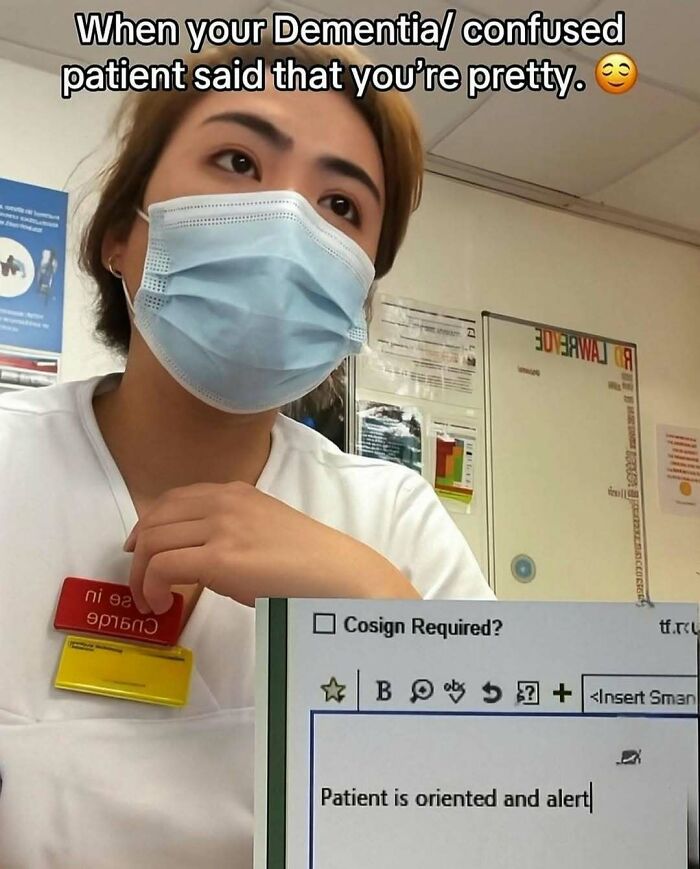 Healthcare worker wearing mask reacting to dementia patient’s compliment, highlighting humor as the best medicine in healthcare memes.