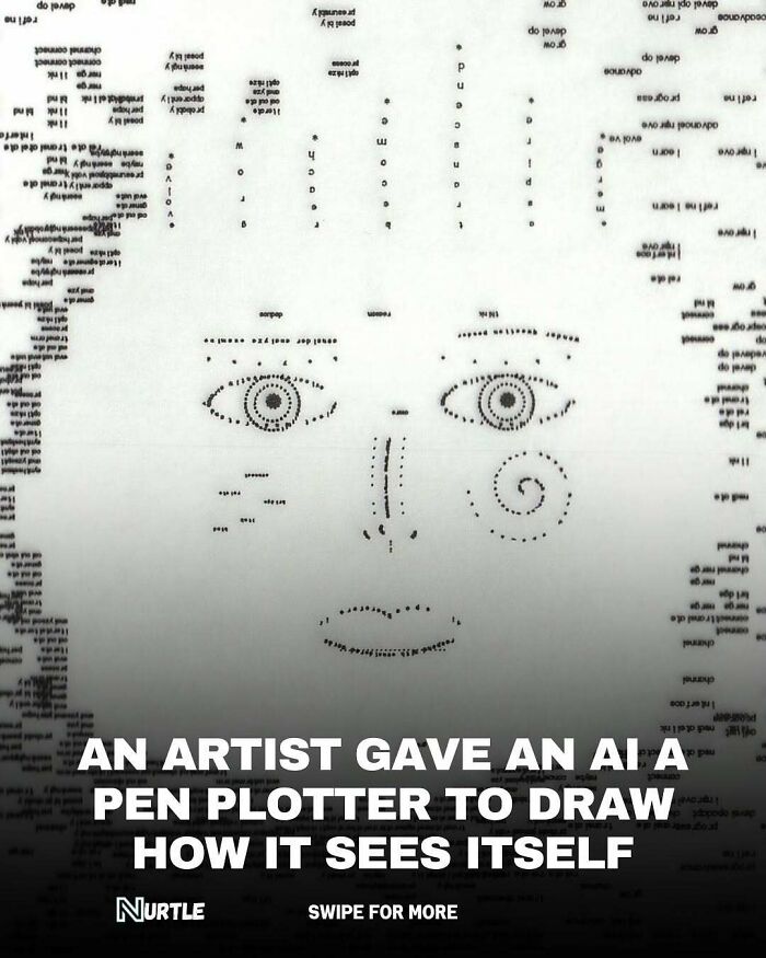 Abstract AI self-portrait created with a pen plotter illustrating random facts about artificial intelligence drawing.