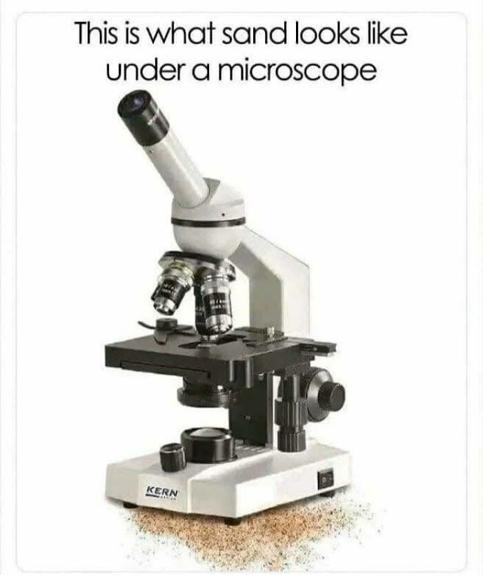Microscope on sand with caption humor meme highlighting healthcare cost and laughter as the best medicine.